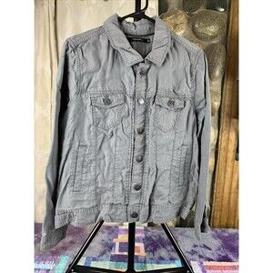 Tahari Women’s Large Gray Button-Up Collared Chino Jacket Olive Snap Button